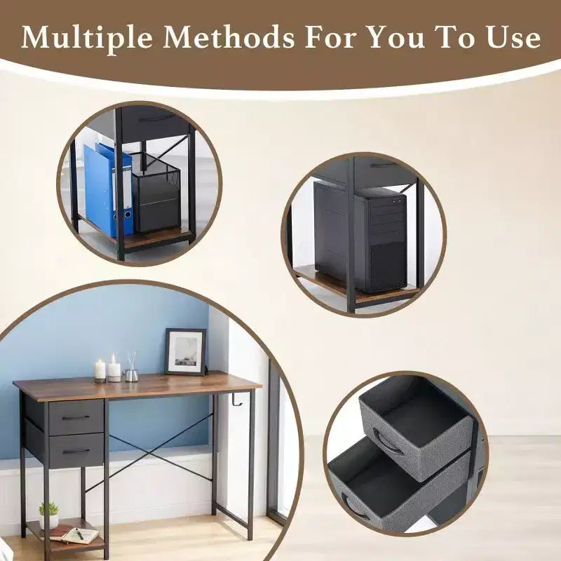 Black / Brown Narrow Writing Desk with 2 Fabric Drawers & Shelf, 40 / 47 Inch, 1-Person