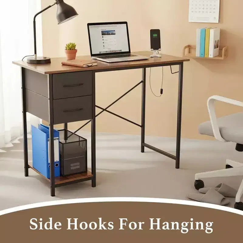 Black / Brown Narrow Writing Desk with 2 Fabric Drawers & Shelf, 40 / 47 Inch, 1-Person