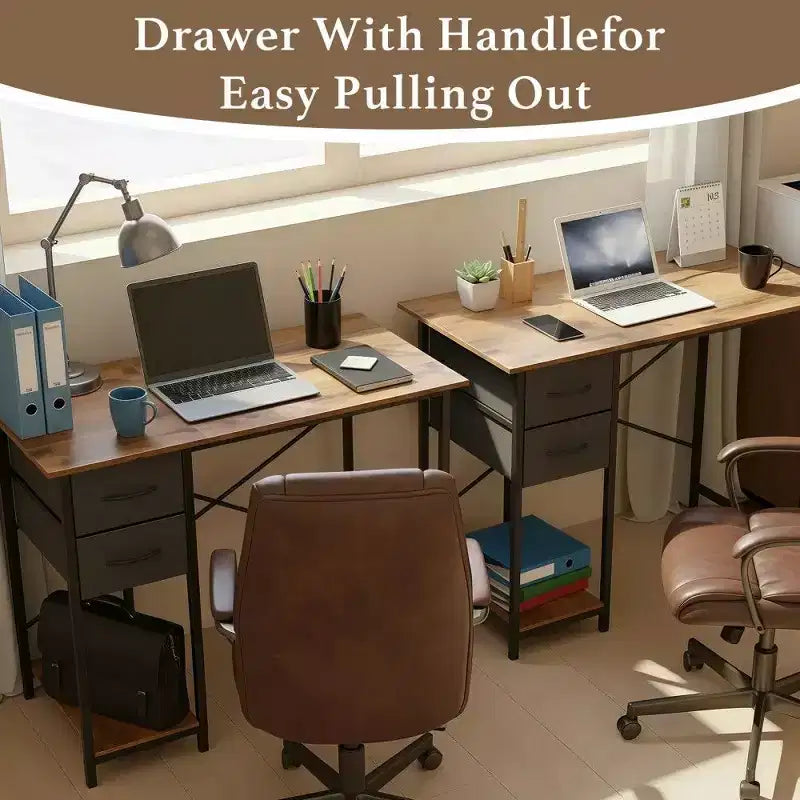 Black / Brown Narrow Writing Desk with 2 Fabric Drawers & Shelf, 40 / 47 Inch, 1-Person