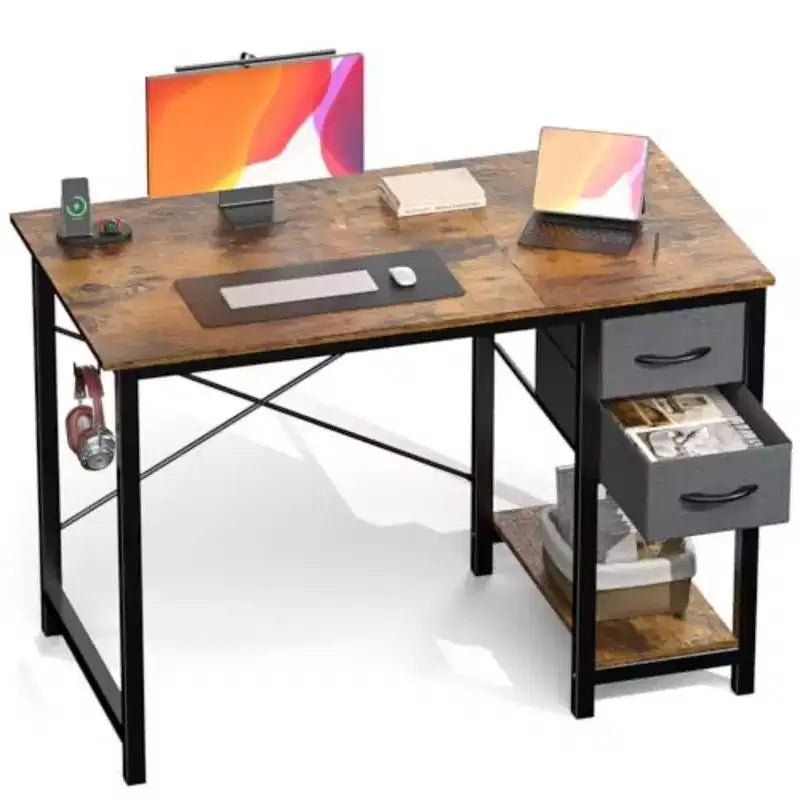 Black / Brown Narrow Writing Desk with 2 Fabric Drawers & Shelf, 40 / 47 Inch, 1-Person