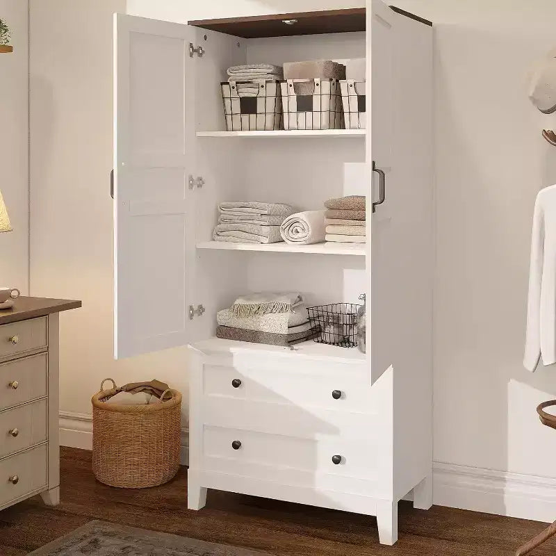 White Tall Storage Cabinet – 2 Doors, 2 Drawers, Adjustable Shelves