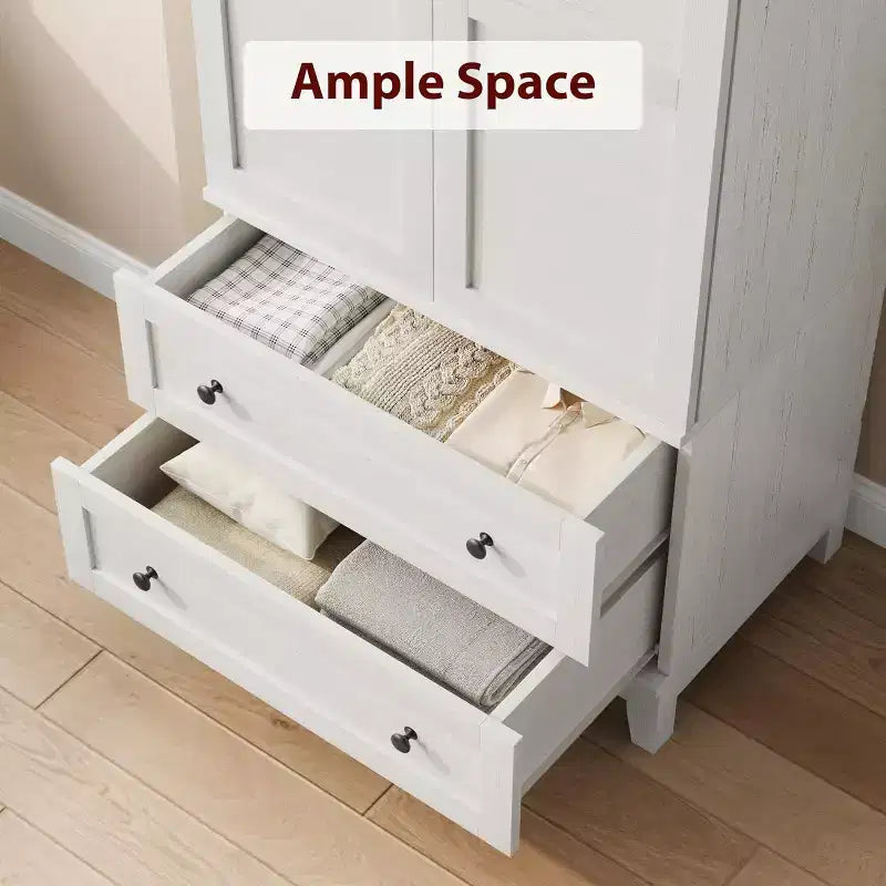White Tall Storage Cabinet – 2 Doors, 2 Drawers, Adjustable Shelves