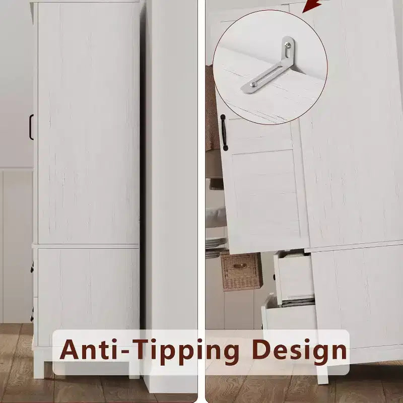 White Tall Storage Cabinet – 2 Doors, 2 Drawers, Adjustable Shelves