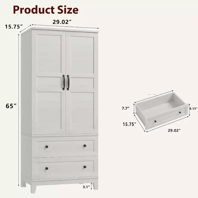 White Tall Storage Cabinet – 2 Doors, 2 Drawers, Adjustable Shelves