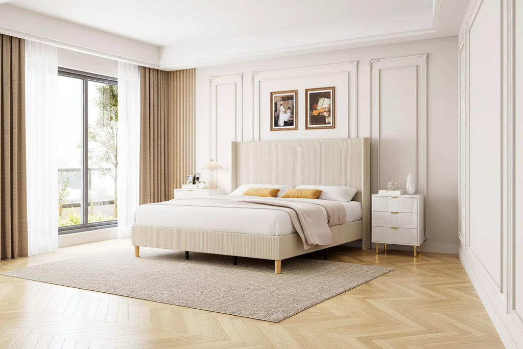 King Size Corduroy Upholstered Bed Frame, Platform Bed with 51 Tall Vertical Stripe Wingback Headboard, No Box Spring Needed/Wooden Slats/Noise Free