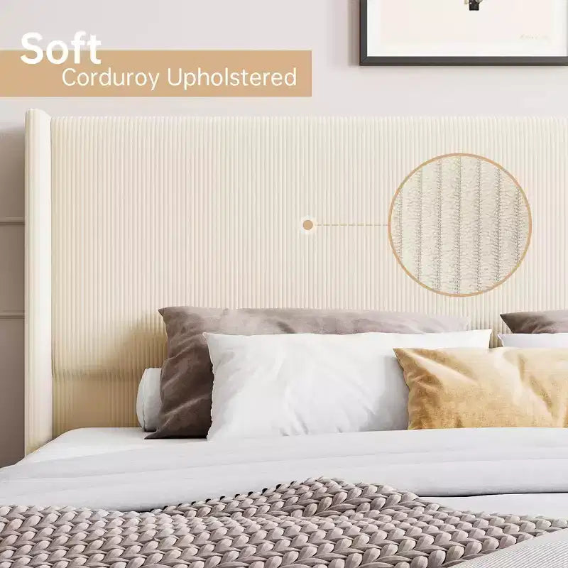 Gray Corduroy Wingback Platform Bed – Full/Queen/King, 2-Person