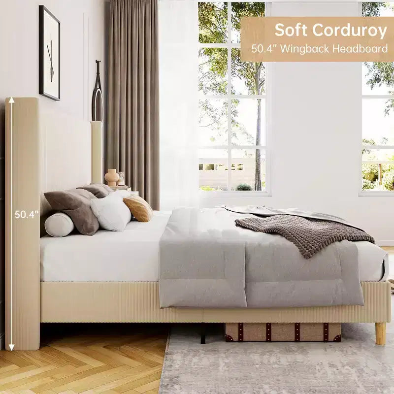 Gray Corduroy Wingback Platform Bed – Full/Queen/King, 2-Person