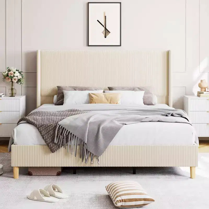 Gray Corduroy Wingback Platform Bed – Full/Queen/King, 2-Person