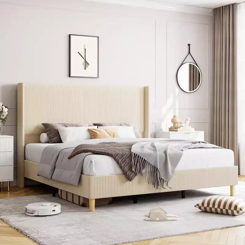 Gray Corduroy Wingback Platform Bed – Full/Queen/King, 2-Person