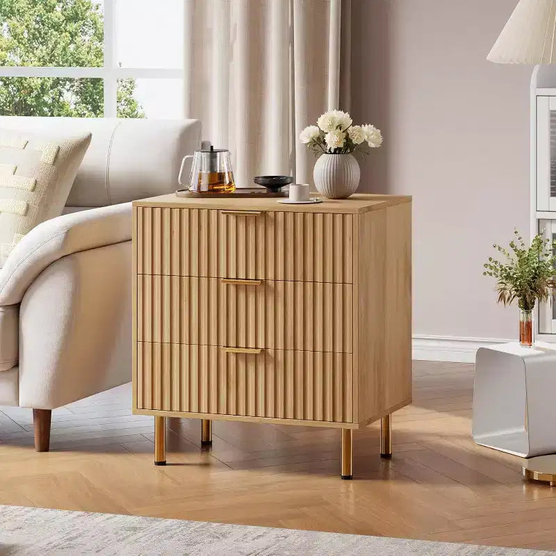 Natural 3-Drawer Fluted Nightstand - Modern Deep-Drawer Chest with Wide Top for Bedroom, Living Room, Hallway & Kids' Room.