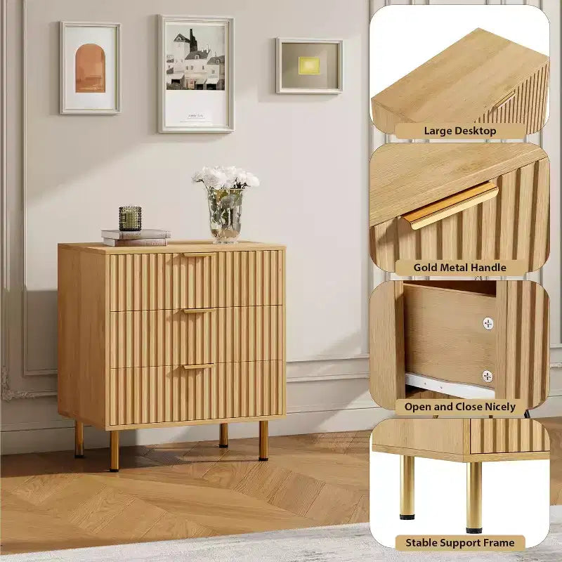 Green Fluted 3-Drawer Nightstand, Single