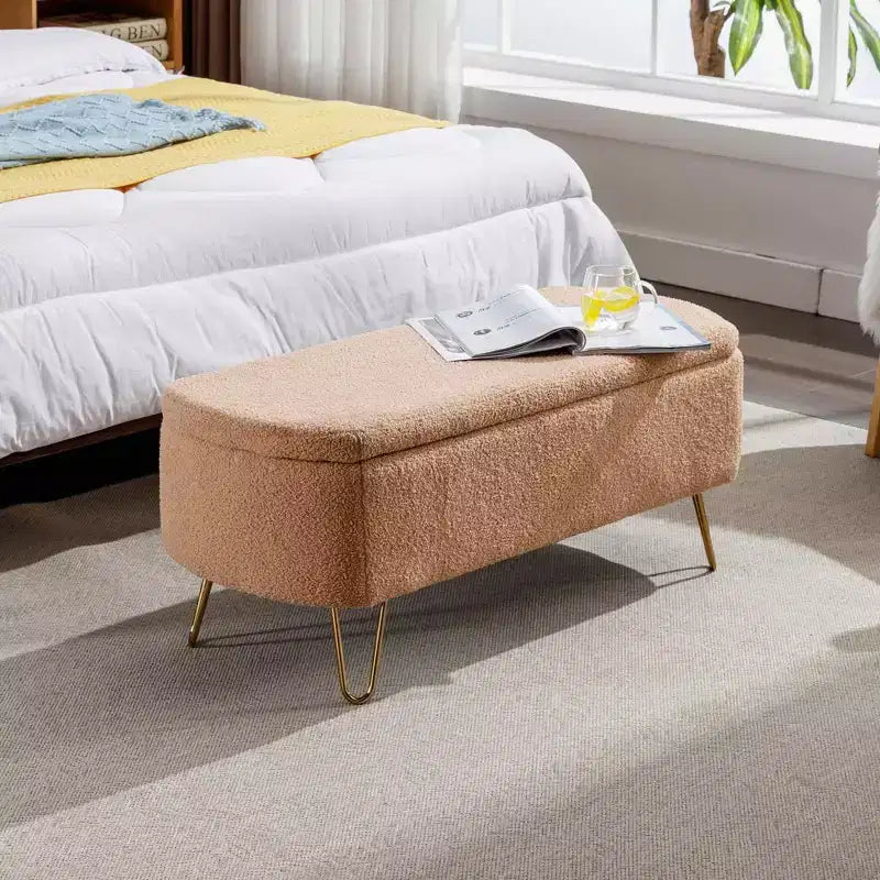 Beige/Blue/Gray/Off-White/Pink Faux Fur Storage Ottoman Bench, Gold Legs, Seats 1