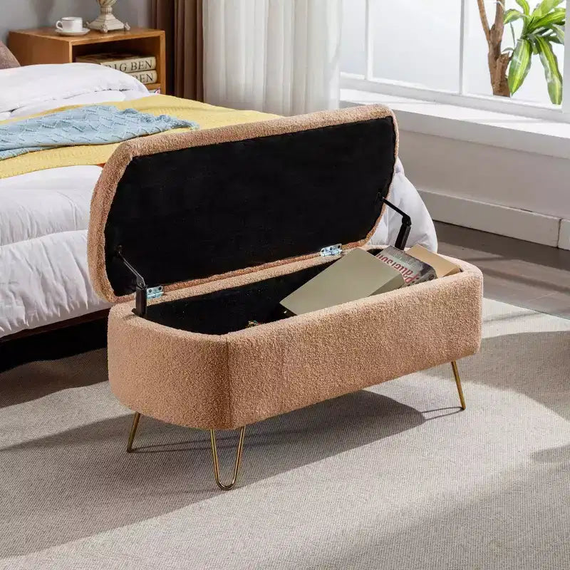Beige/Blue/Gray/Off-White/Pink Faux Fur Storage Ottoman Bench, Gold Legs, Seats 1