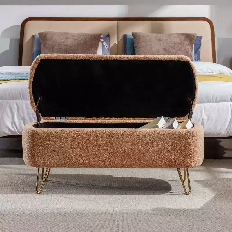 Beige/Blue/Gray/Off-White/Pink Faux Fur Storage Ottoman Bench, Gold Legs, Seats 1