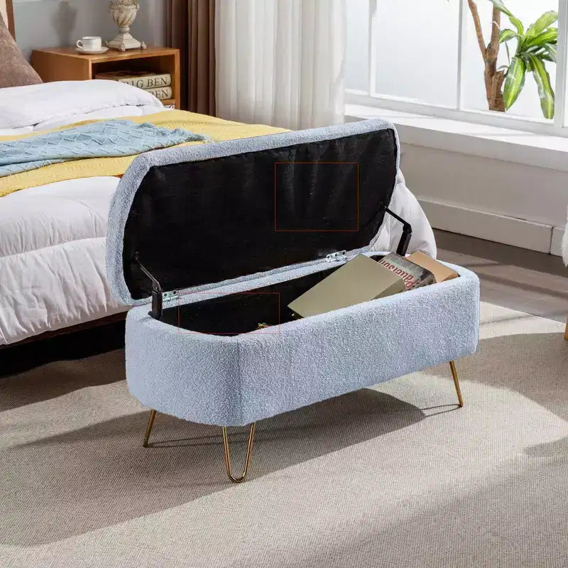 Beige/Blue/Gray/Off-White/Pink Faux Fur Storage Ottoman Bench, Gold Legs, Seats 1