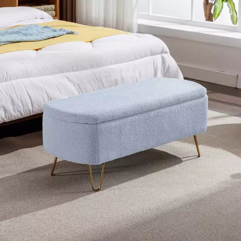 Beige/Blue/Gray/Off-White/Pink Faux Fur Storage Ottoman Bench, Gold Legs, Seats 1