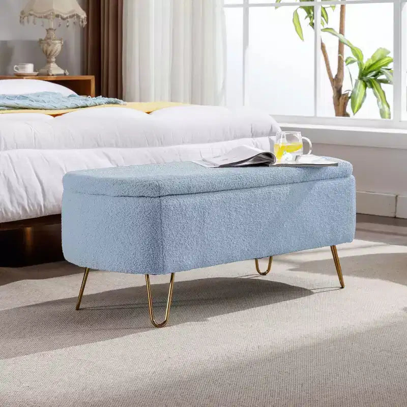 Beige/Blue/Gray/Off-White/Pink Faux Fur Storage Ottoman Bench, Gold Legs, Seats 1