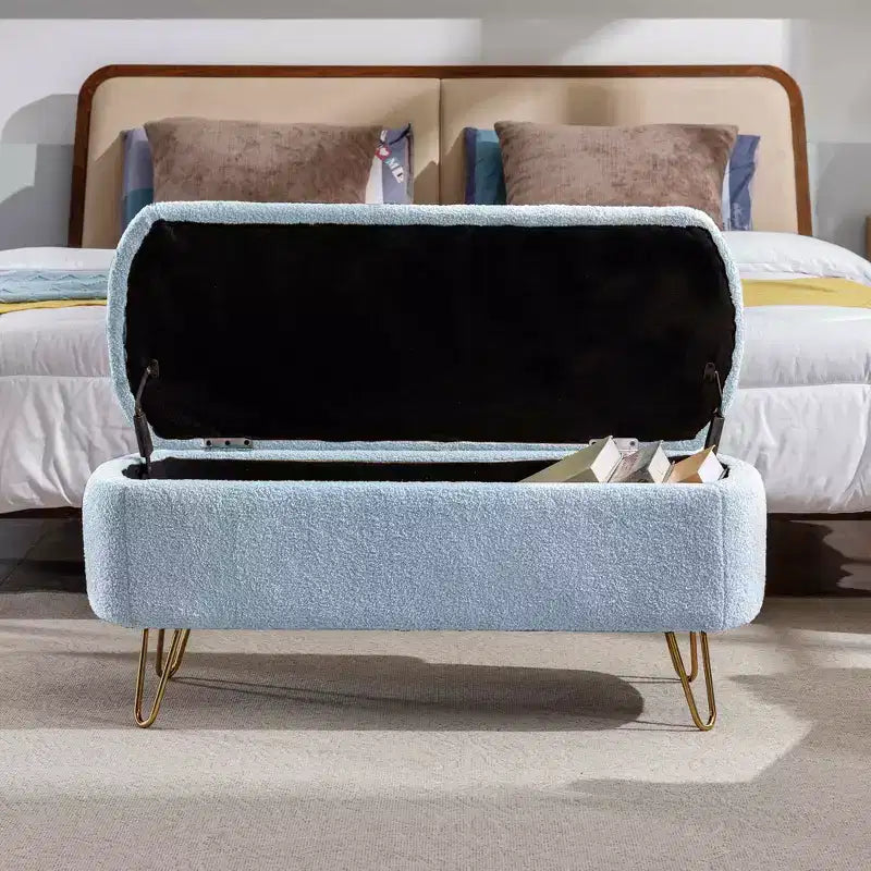 Beige/Blue/Gray/Off-White/Pink Faux Fur Storage Ottoman Bench, Gold Legs, Seats 1