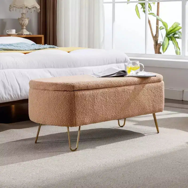 Beige/Blue/Gray/Off-White/Pink Faux Fur Storage Ottoman Bench, Gold Legs, Seats 1