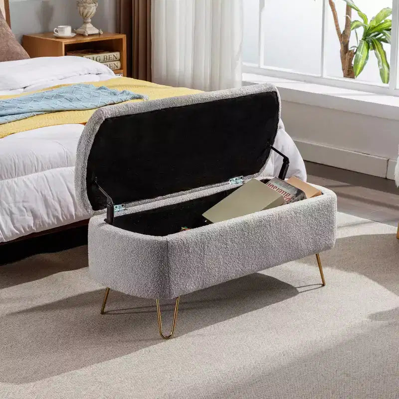 Beige/Blue/Gray/Off-White/Pink Faux Fur Storage Ottoman Bench, Gold Legs, Seats 1