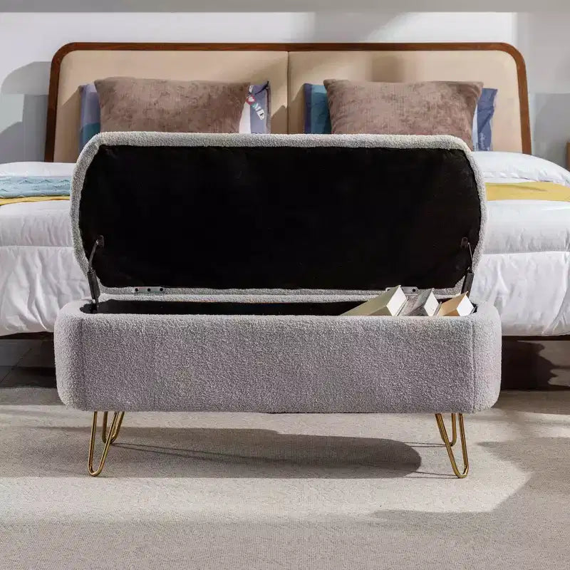 Beige/Blue/Gray/Off-White/Pink Faux Fur Storage Ottoman Bench, Gold Legs, Seats 1