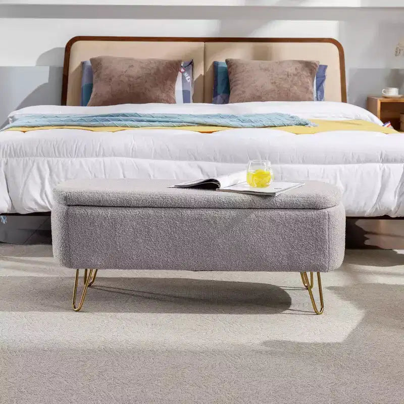 Beige/Blue/Gray/Off-White/Pink Faux Fur Storage Ottoman Bench, Gold Legs, Seats 1