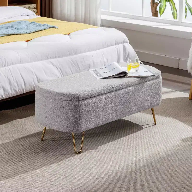Beige/Blue/Gray/Off-White/Pink Faux Fur Storage Ottoman Bench, Gold Legs, Seats 1