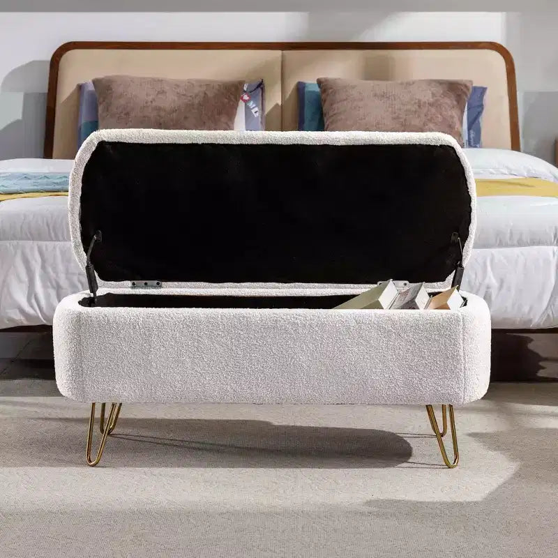 Beige/Blue/Gray/Off-White/Pink Faux Fur Storage Ottoman Bench, Gold Legs, Seats 1