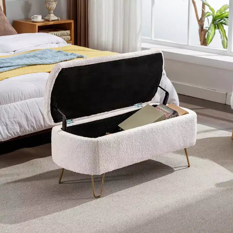 Beige/Blue/Gray/Off-White/Pink Faux Fur Storage Ottoman Bench, Gold Legs, Seats 1