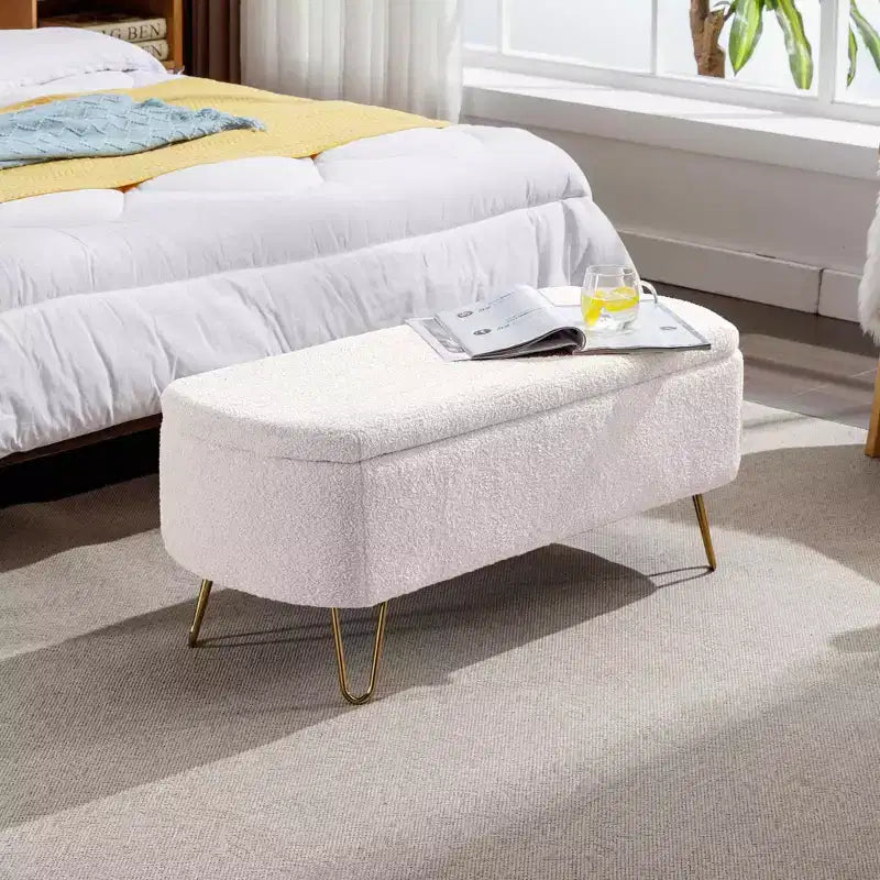 Beige/Blue/Gray/Off-White/Pink Faux Fur Storage Ottoman Bench, Gold Legs, Seats 1