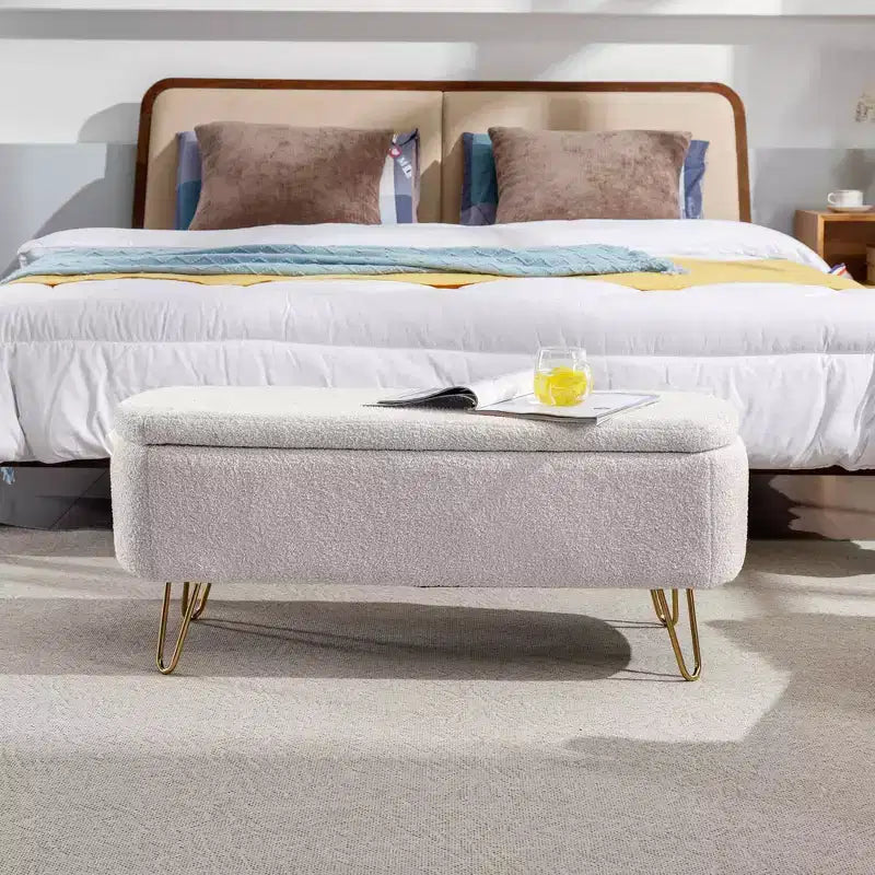 Beige/Blue/Gray/Off-White/Pink Faux Fur Storage Ottoman Bench, Gold Legs, Seats 1