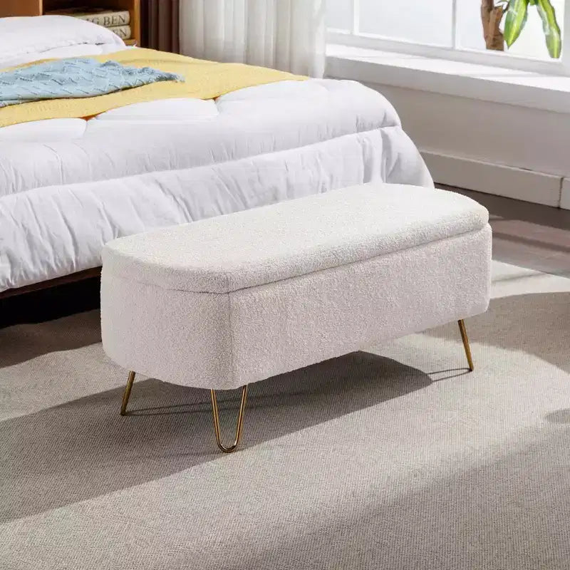 Beige/Blue/Gray/Off-White/Pink Faux Fur Storage Ottoman Bench, Gold Legs, Seats 1