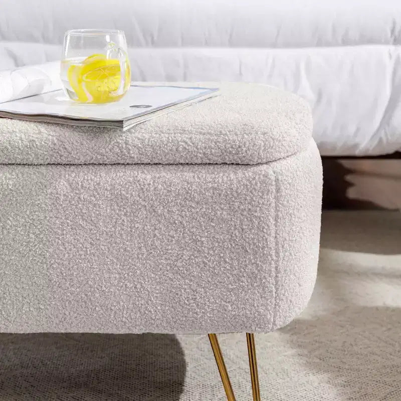 Beige/Blue/Gray/Off-White/Pink Faux Fur Storage Ottoman Bench, Gold Legs, Seats 1