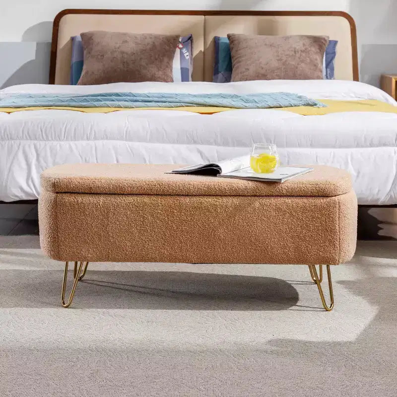 MAYEERTY Faux Fur Storage Ottoman Bench, Gold Legs Padded, Living Room Bedroom Entryway, Camel