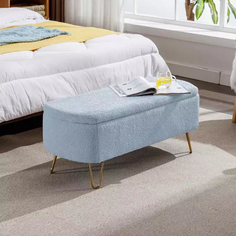 Beige/Blue/Gray/Off-White/Pink Faux Fur Storage Ottoman Bench, Gold Legs, Seats 1