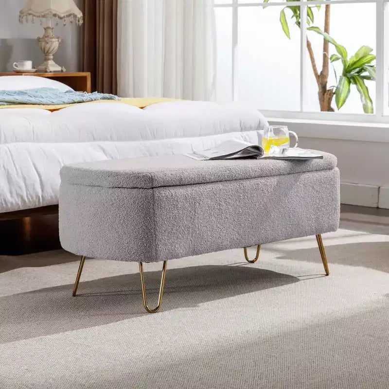 Beige/Blue/Gray/Off-White/Pink Faux Fur Storage Ottoman Bench, Gold Legs, Seats 1
