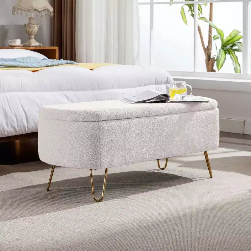 Beige/Blue/Gray/Off-White/Pink Faux Fur Storage Ottoman Bench, Gold Legs, Seats 1