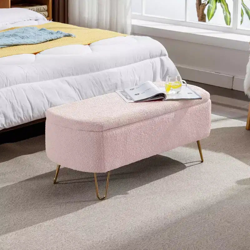 Beige/Blue/Gray/Off-White/Pink Faux Fur Storage Ottoman Bench, Gold Legs, Seats 1