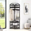Corner Coat Rack with 4 Shelves, Shoe and Coats Racks for Entryway, Heavy Duty Coats Racks with 6 Movable Hooks, Entryway Hall Tree for Hallway