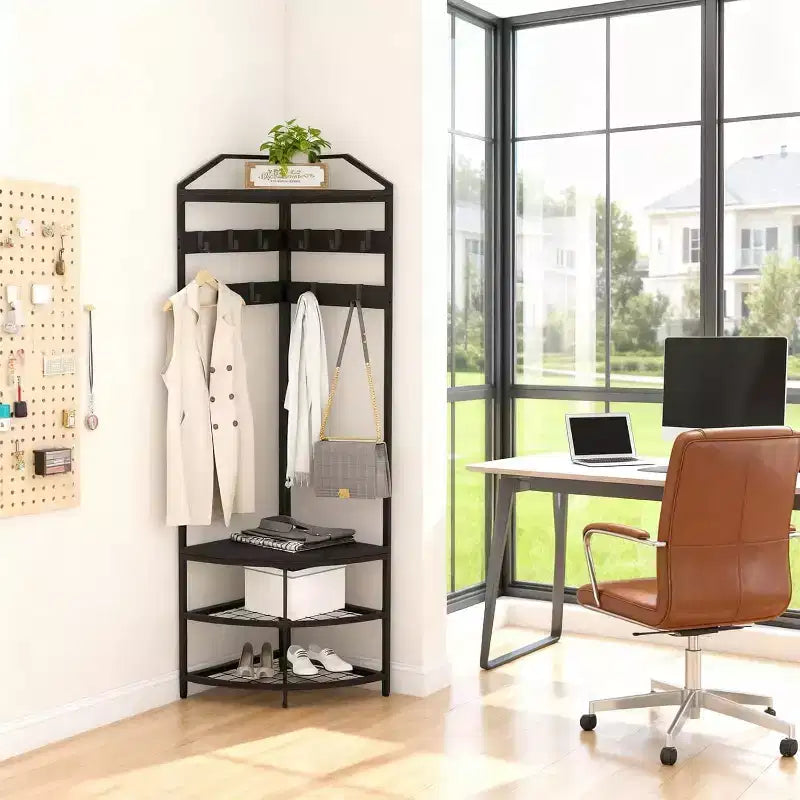 Black Corner Coat Rack – 4-Tier Shelves & 6 Hooks, Single User