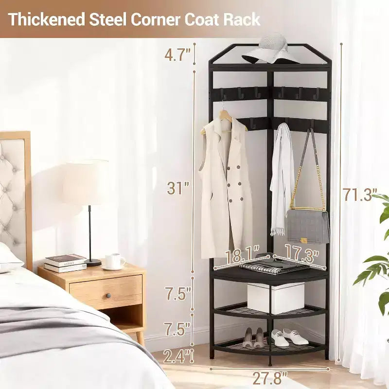 Black Corner Coat Rack – 4-Tier Shelves & 6 Hooks, Single User
