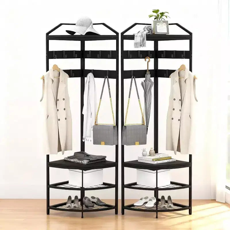 Black Corner Coat Rack – 4-Tier Shelves & 6 Hooks, Single User