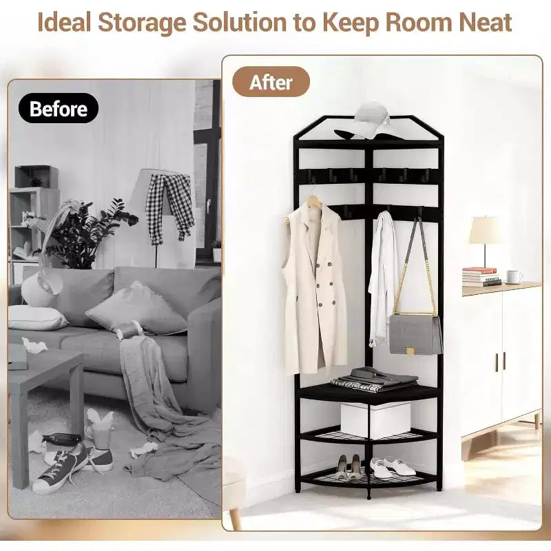 Black Corner Coat Rack – 4-Tier Shelves & 6 Hooks, Single User