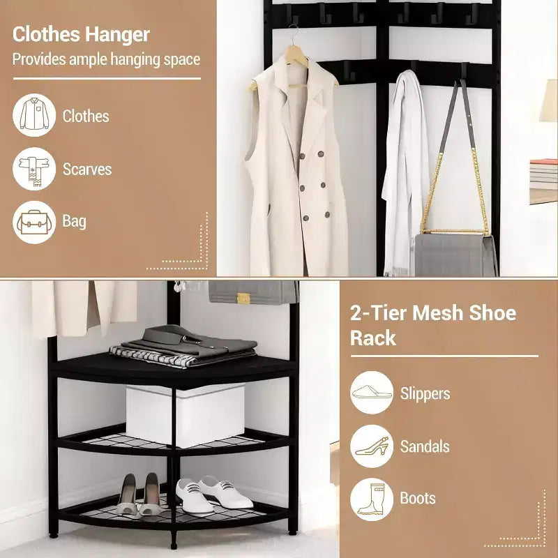 Black Corner Coat Rack – 4-Tier Shelves & 6 Hooks, Single User