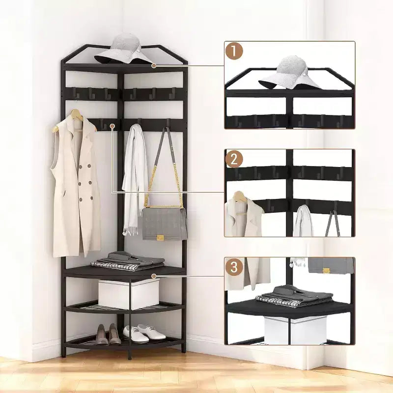Black Corner Coat Rack – 4-Tier Shelves & 6 Hooks, Single User