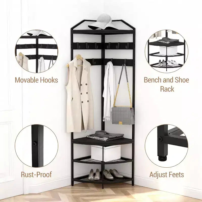 Black Corner Coat Rack – 4-Tier Shelves & 6 Hooks, Single User