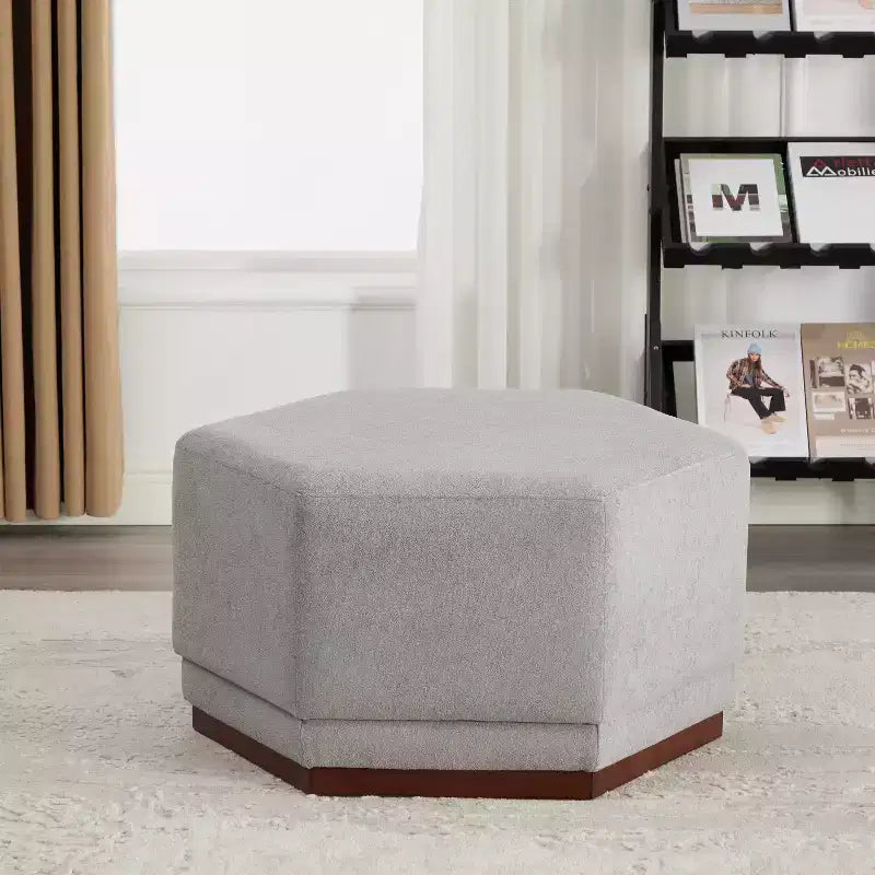 Hexagon Upholstered Ottoman - Beige/Walnut, Light Gray/Walnut - Seats 1
