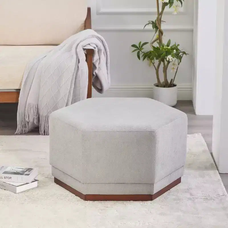 Hexagon Upholstered Ottoman - Beige/Walnut, Light Gray/Walnut - Seats 1