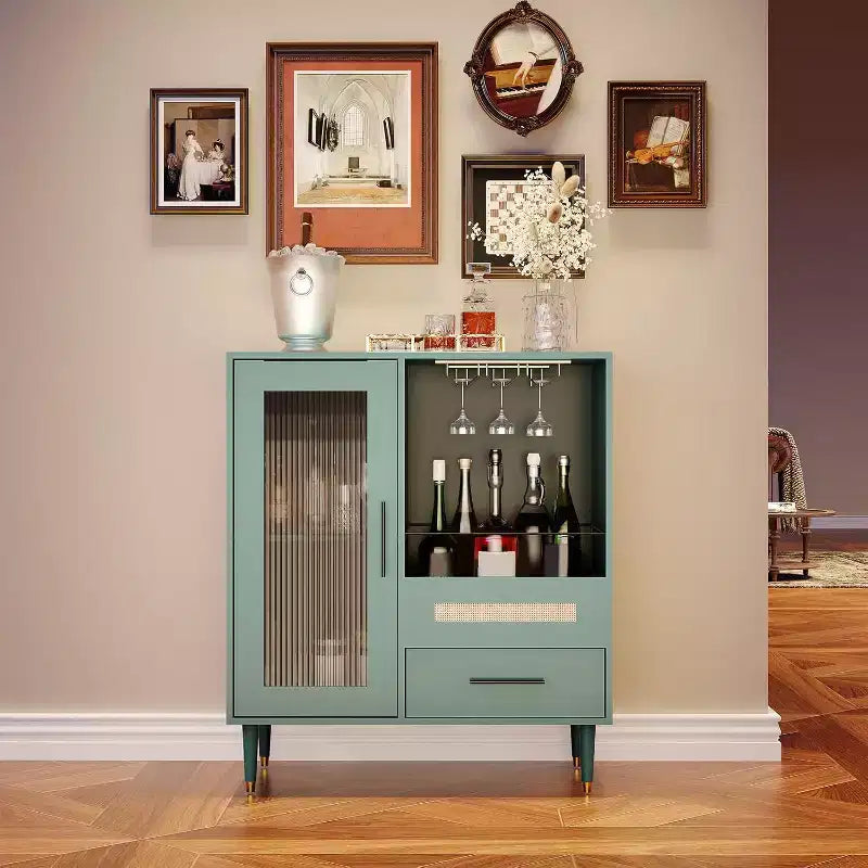 Black / Green Modern Coffee Bar Cabinet with Wine Rack & Drawer, for 1–2 Users