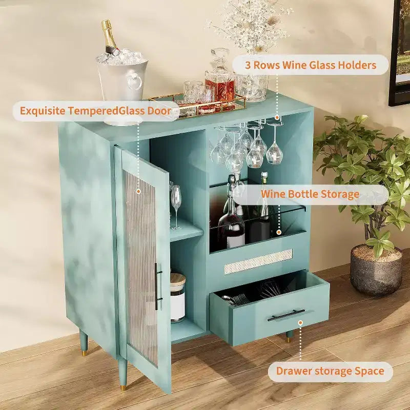Black / Green Modern Coffee Bar Cabinet with Wine Rack & Drawer, for 1–2 Users
